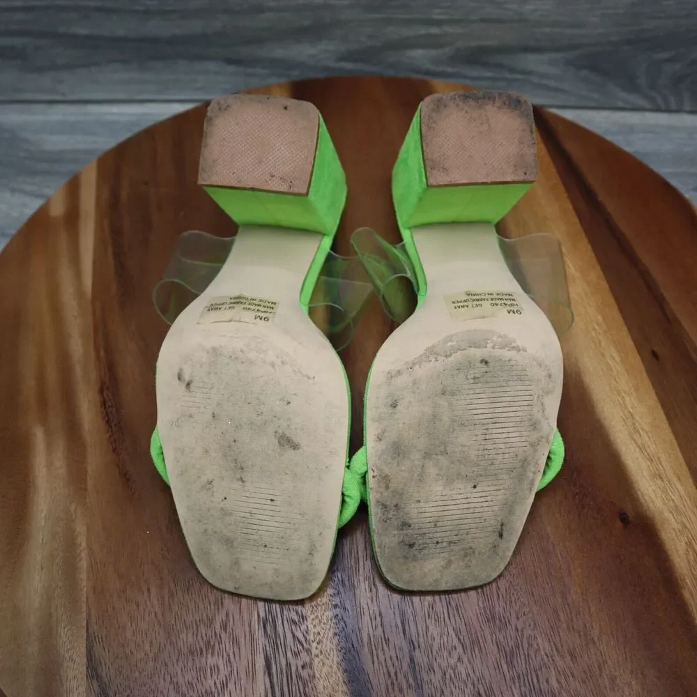 Cape Robbin Sandals Womens 9 Neon Green Suede Transparent Strap Slip on Mules